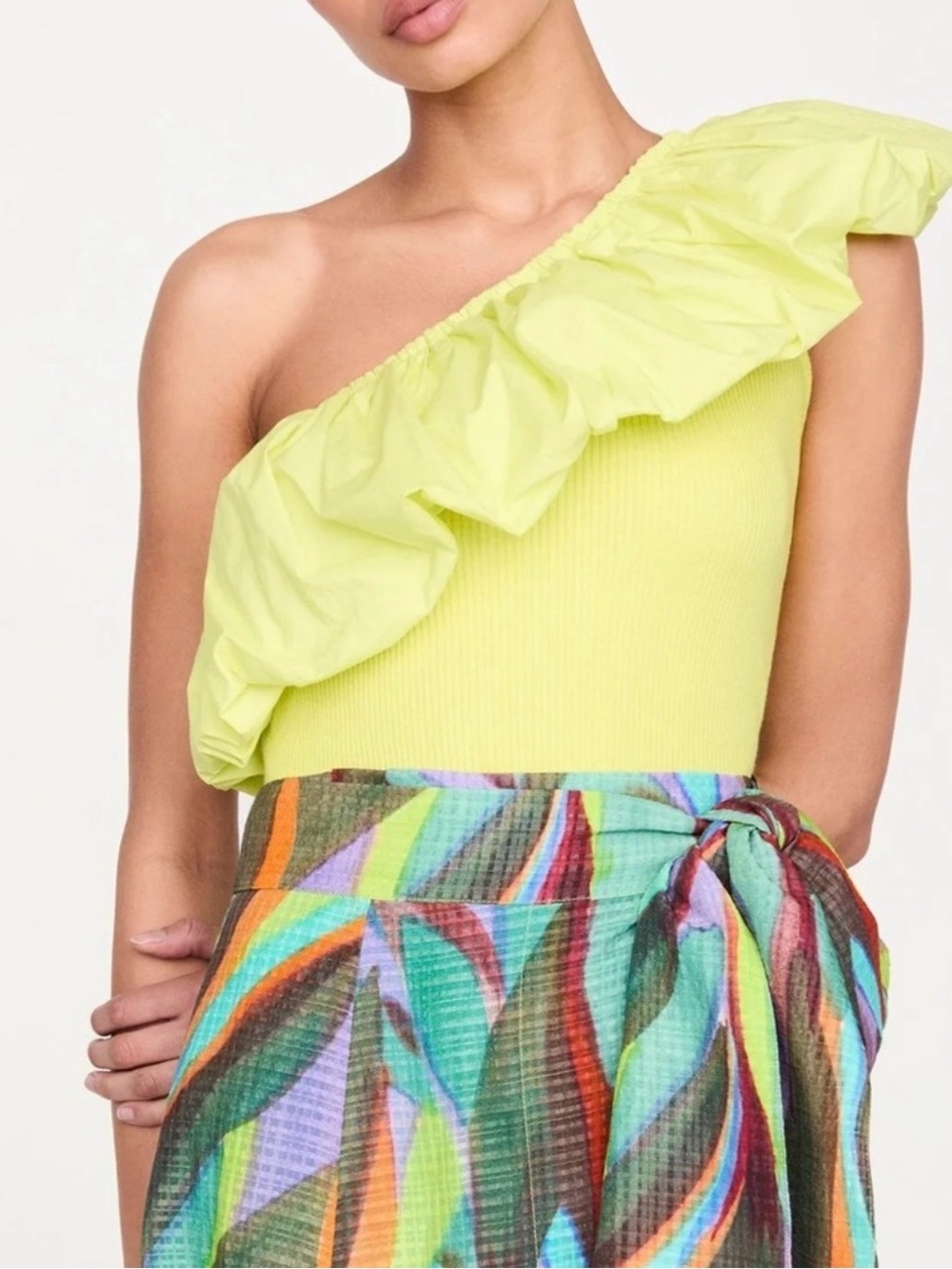 Marie Oliver Neon Pear One-Shoulder Ruffle Top